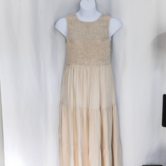 NWT Zesica Size L Tan/cream elastic bodice tiered maxi sundress - Picture 3 of 14